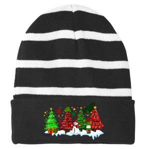 Funny Christmas Elf In Tree With Snowman Scene Striped Beanie with Solid Band