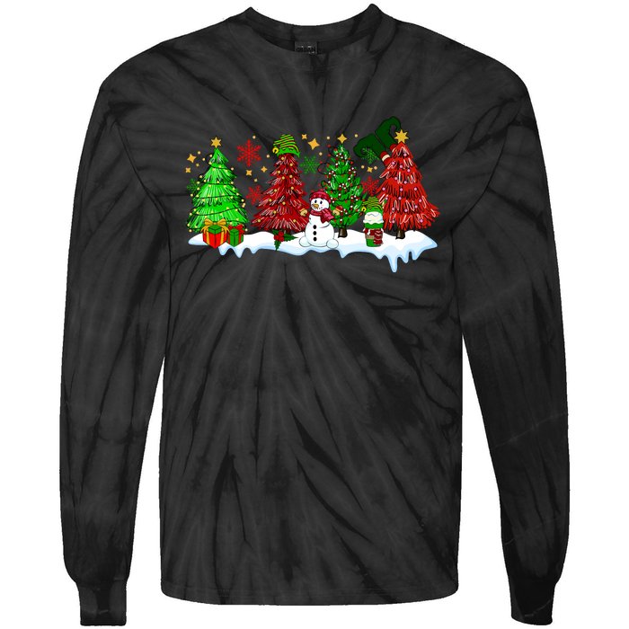 Funny Christmas Elf In Tree With Snowman Scene Tie-Dye Long Sleeve Shirt