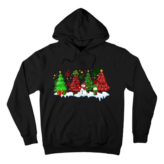 Funny Christmas Elf In Tree With Snowman Scene Tall Hoodie