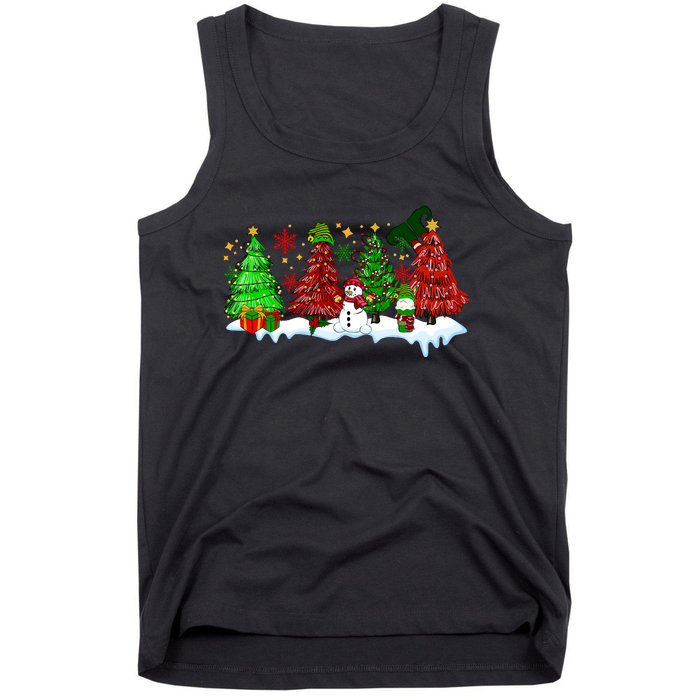 Funny Christmas Elf In Tree With Snowman Scene Tank Top