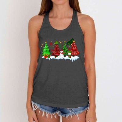 Funny Christmas Elf In Tree With Snowman Scene Women's Knotted Racerback Tank