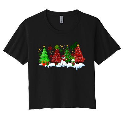 Funny Christmas Elf In Tree With Snowman Scene Women's Crop Top Tee