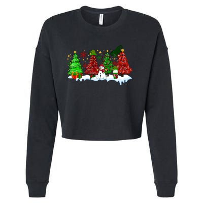 Funny Christmas Elf In Tree With Snowman Scene Cropped Pullover Crew