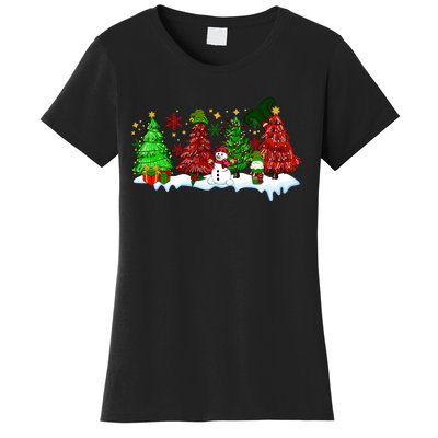 Funny Christmas Elf In Tree With Snowman Scene Women's T-Shirt