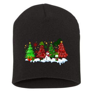 Funny Christmas Elf In Tree With Snowman Scene Short Acrylic Beanie