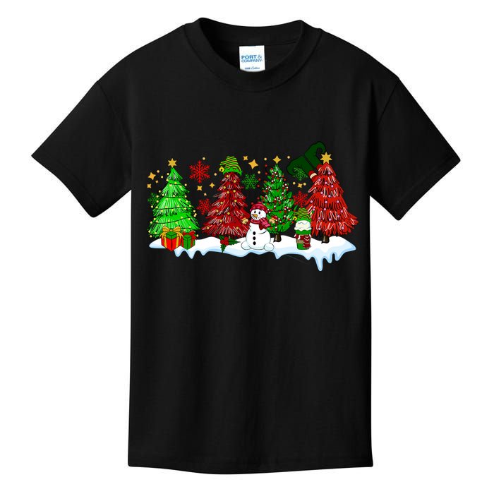 Funny Christmas Elf In Tree With Snowman Scene Kids T-Shirt