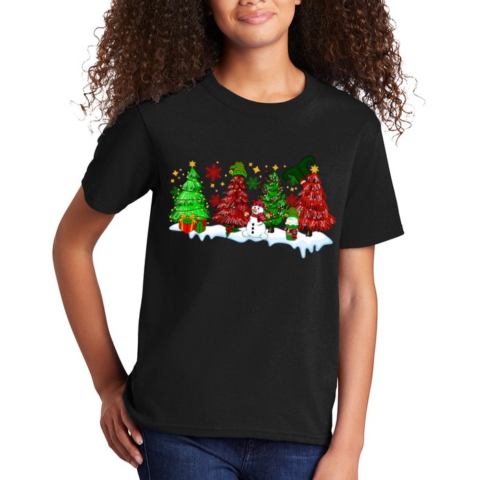 Funny Christmas Elf In Tree With Snowman Scene Kids T-Shirt