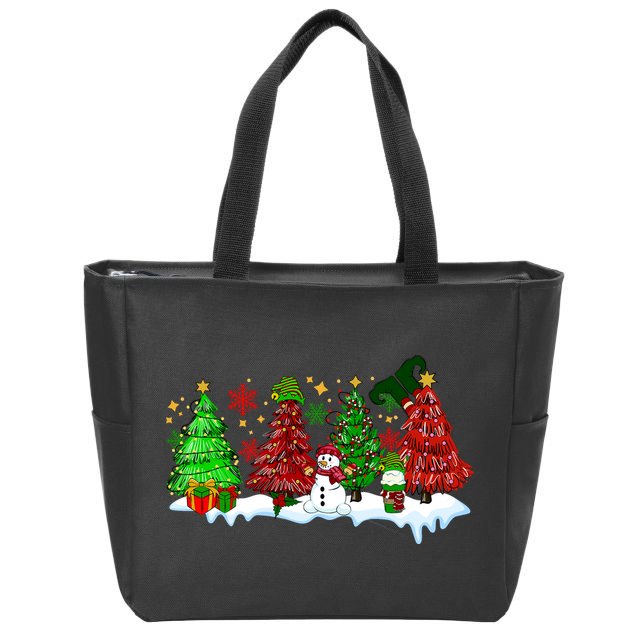 Funny Christmas Elf In Tree With Snowman Scene Zip Tote Bag