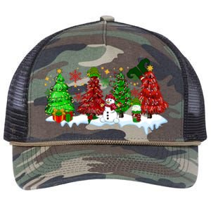 Funny Christmas Elf In Tree With Snowman Scene Retro Rope Trucker Hat Cap