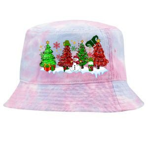 Funny Christmas Elf In Tree With Snowman Scene Tie-Dyed Bucket Hat