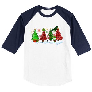 Funny Christmas Elf In Tree With Snowman Scene Baseball Sleeve Shirt