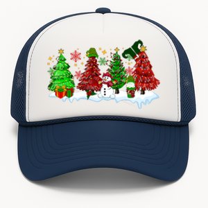 Funny Christmas Elf In Tree With Snowman Scene Trucker Hat