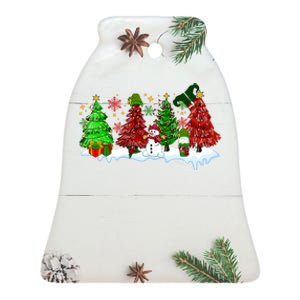 Funny Christmas Elf In Tree With Snowman Scene Ceramic Bell Ornament