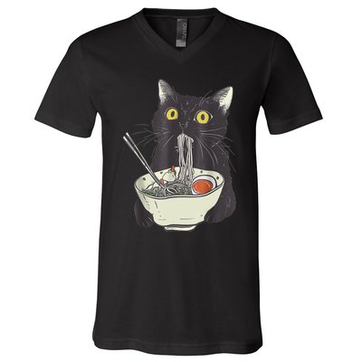 Funny Cat Eating Ramen Vintage Japanese Noodles V-Neck T-Shirt