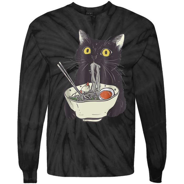 Funny Cat Eating Ramen Vintage Japanese Noodles Tie-Dye Long Sleeve Shirt