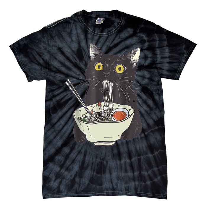 Funny Cat Eating Ramen Vintage Japanese Noodles Tie-Dye T-Shirt