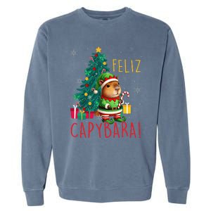 Feliz Capybara Elf Xmas Christmas Tree Checkered Candy Cane Garment-Dyed Sweatshirt