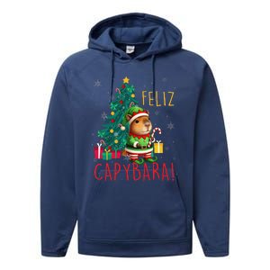 Feliz Capybara Elf Xmas Christmas Tree Checkered Candy Cane Performance Fleece Hoodie