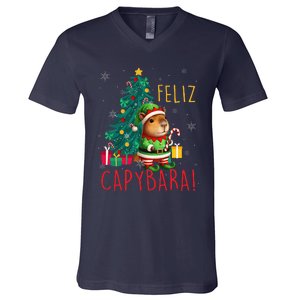 Feliz Capybara Elf Xmas Christmas Tree Checkered Candy Cane V-Neck T-Shirt