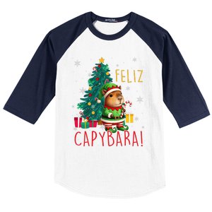 Feliz Capybara Elf Xmas Christmas Tree Checkered Candy Cane Baseball Sleeve Shirt