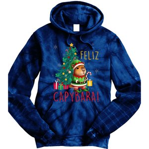 Feliz Capybara Elf Xmas Christmas Tree Checkered Candy Cane Tie Dye Hoodie