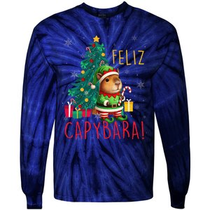 Feliz Capybara Elf Xmas Christmas Tree Checkered Candy Cane Tie-Dye Long Sleeve Shirt