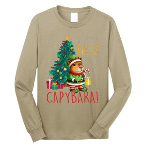 Feliz Capybara Elf Xmas Christmas Tree Checkered Candy Cane Long Sleeve Shirt