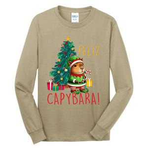 Feliz Capybara Elf Xmas Christmas Tree Checkered Candy Cane Tall Long Sleeve T-Shirt