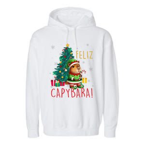 Feliz Capybara Elf Xmas Christmas Tree Checkered Candy Cane Garment-Dyed Fleece Hoodie