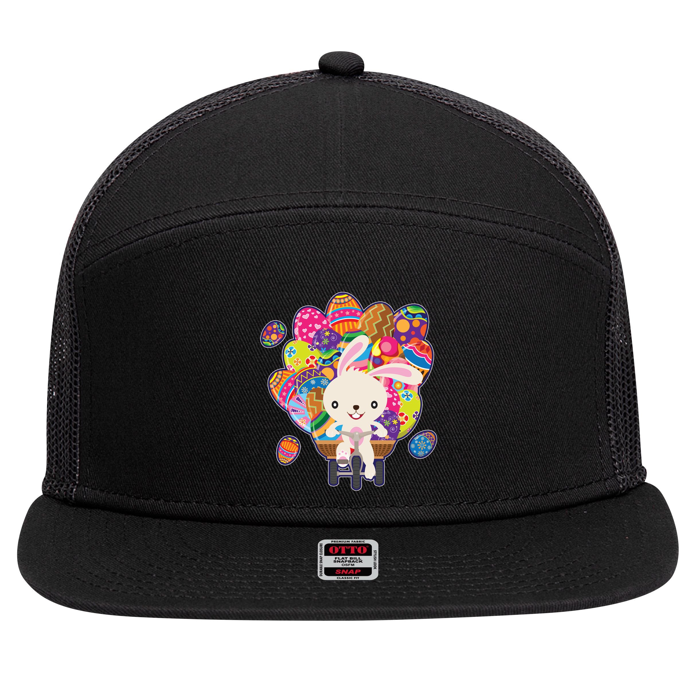 Funny Cute Easter Bunny On Bike Delivering Easter Eggs 7 Panel Mesh Trucker Snapback Hat