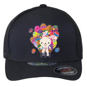 Funny Cute Easter Bunny On Bike Delivering Easter Eggs Flexfit Unipanel Trucker Cap