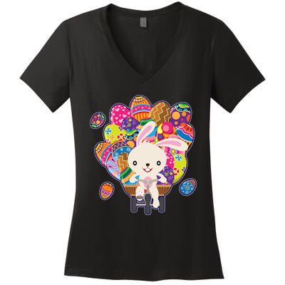 Funny Cute Easter Bunny On Bike Delivering Easter Eggs Women's V-Neck T-Shirt