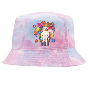 Funny Cute Easter Bunny On Bike Delivering Easter Eggs Tie-Dyed Bucket Hat