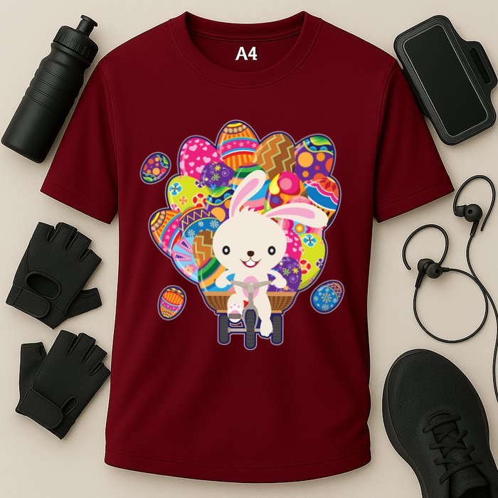 Funny Cute Easter Bunny On Bike Delivering Easter Eggs Cooling Performance Crew T-Shirt