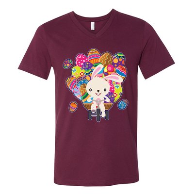 Funny Cute Easter Bunny On Bike Delivering Easter Eggs V-Neck T-Shirt