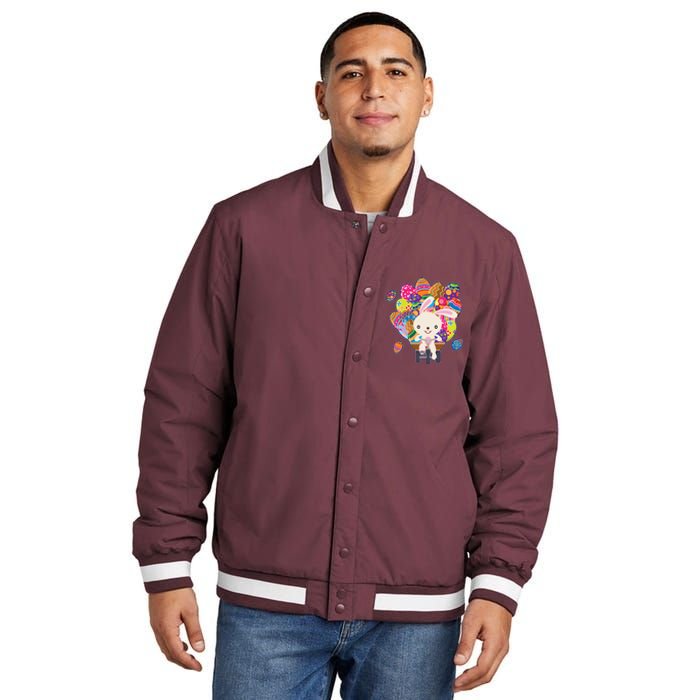 Funny Cute Easter Bunny On Bike Delivering Easter Eggs Insulated Varsity Jacket