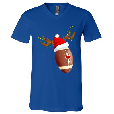 Funny Christmas Football Ball Santa Hat Reindeer Xmas Lights Funny Gift V-Neck T-Shirt