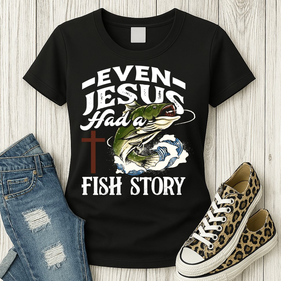 Funny Christian Fisherman Even Jesus Had A Fish Story Womens T-Shirt