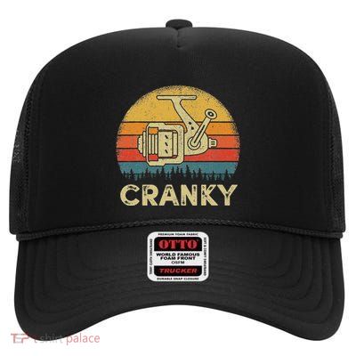 Funny Cranky Fishing Reel Pun Humor Fishermen High Crown Mesh Back Trucker Hat