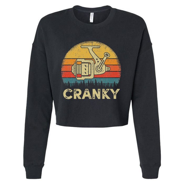 Funny Cranky Fishing Reel Pun Humor Fishermen Cropped Pullover Crew