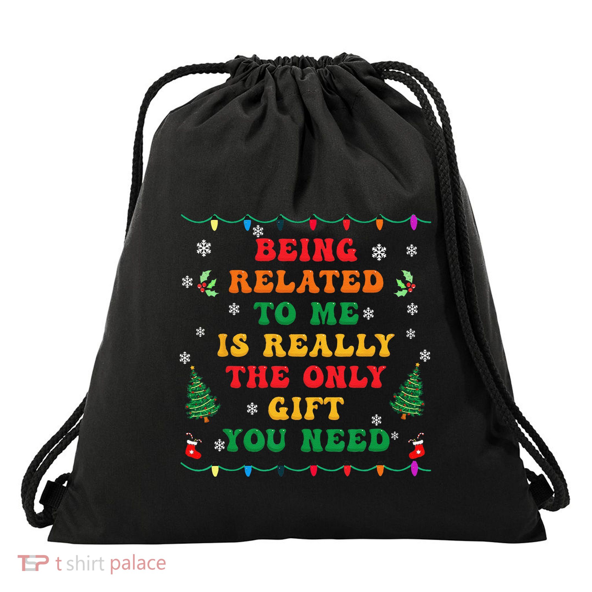 Funny Christmas Family Xmas Pajamas Being Related To Me Drawstring Bag