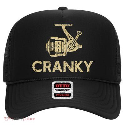 Funny Cranky Fishing Reel Pun Humor Fishermen High Crown Mesh Back Trucker Hat