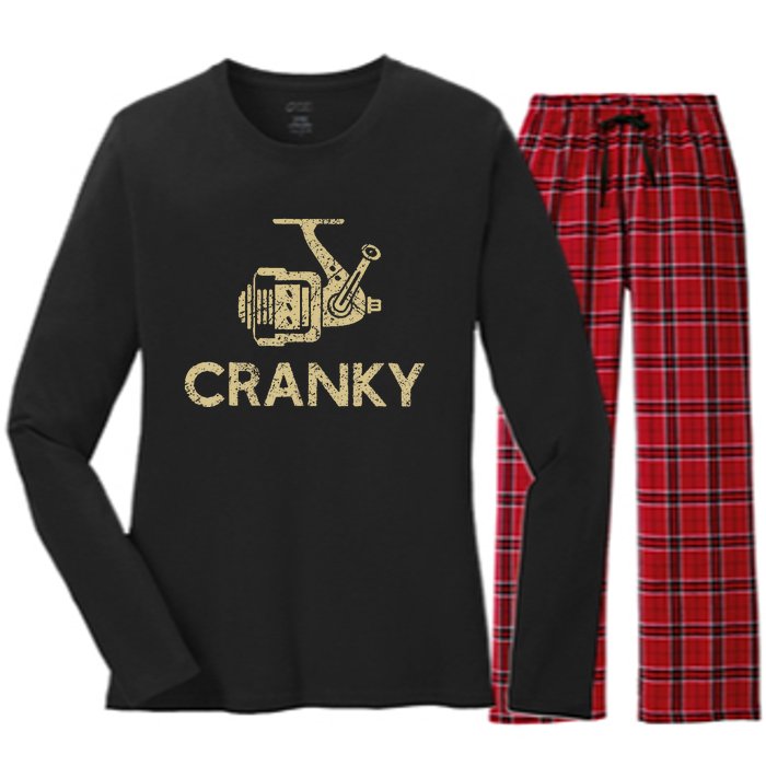 Funny Cranky Fishing Reel Pun Humor Fishermen Women's Long Sleeve Flannel Pajama Set 