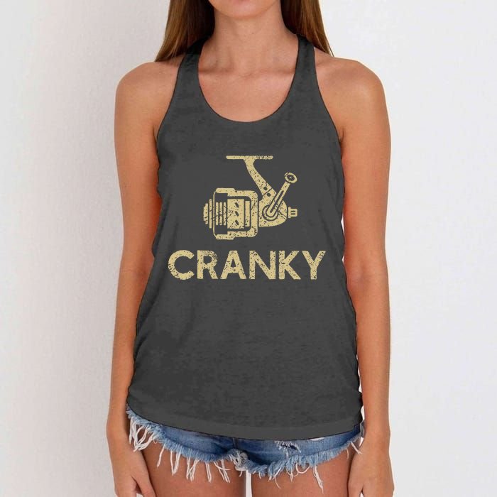 Funny Cranky Fishing Reel Pun Humor Fishermen Women's Knotted Racerback Tank