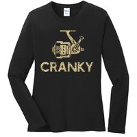 Funny Cranky Fishing Reel Pun Humor Fishermen Ladies Long Sleeve Shirt