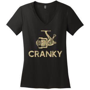 Funny Cranky Fishing Reel Pun Humor Fishermen Women's V-Neck T-Shirt