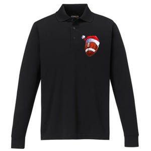 Funny Christmas Football Ball Santa Hat Sport Xmas Performance Long Sleeve Polo