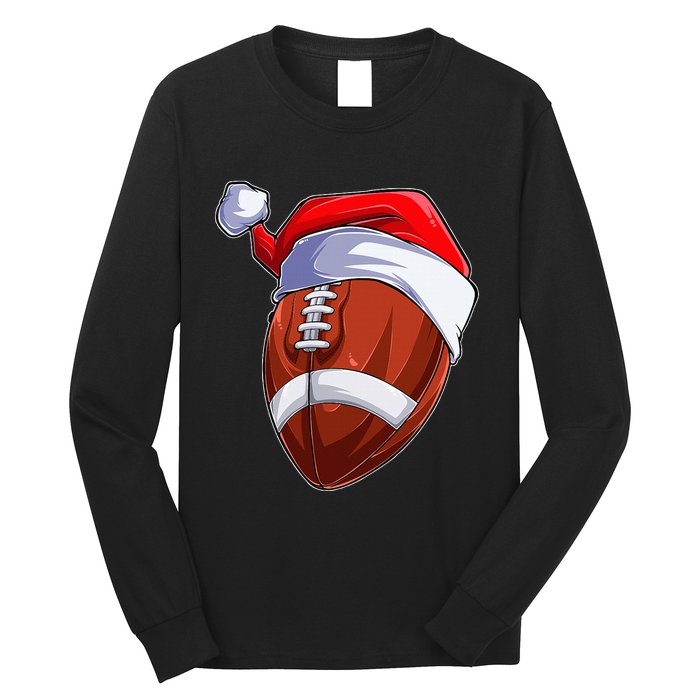 Funny Christmas Football Ball Santa Hat Sport Xmas Long Sleeve Shirt