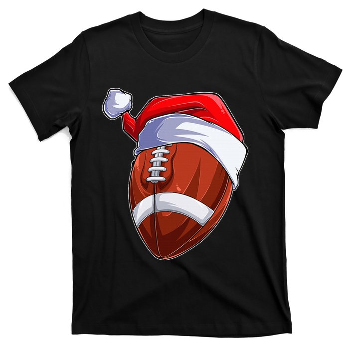 Funny Christmas Football Ball Santa Hat Sport Xmas T-Shirt