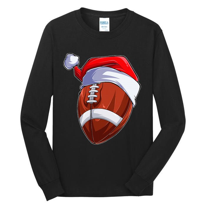 Funny Christmas Football Ball Santa Hat Sport Xmas Tall Long Sleeve T-Shirt